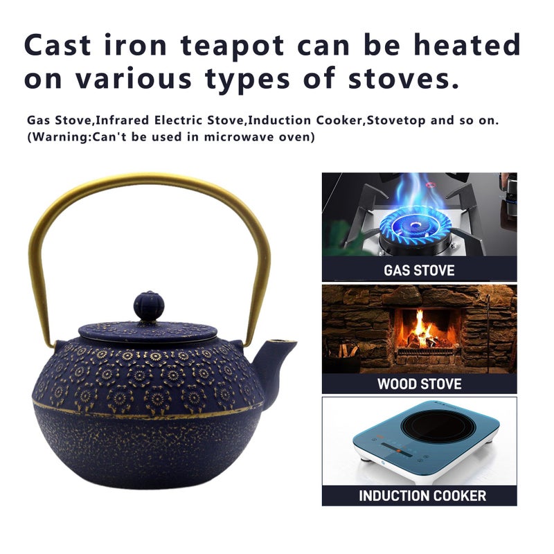YJX 33.8oz Small Cast Iron Tea Kettle for Stovetop, Japanese Tetsubin Tea Pot Coated with Enameled Interior, Durable Cast Iron Teapot with Stainless Steel Infuser for Loose Tea and Tea Bags(1000ml) - Image 3